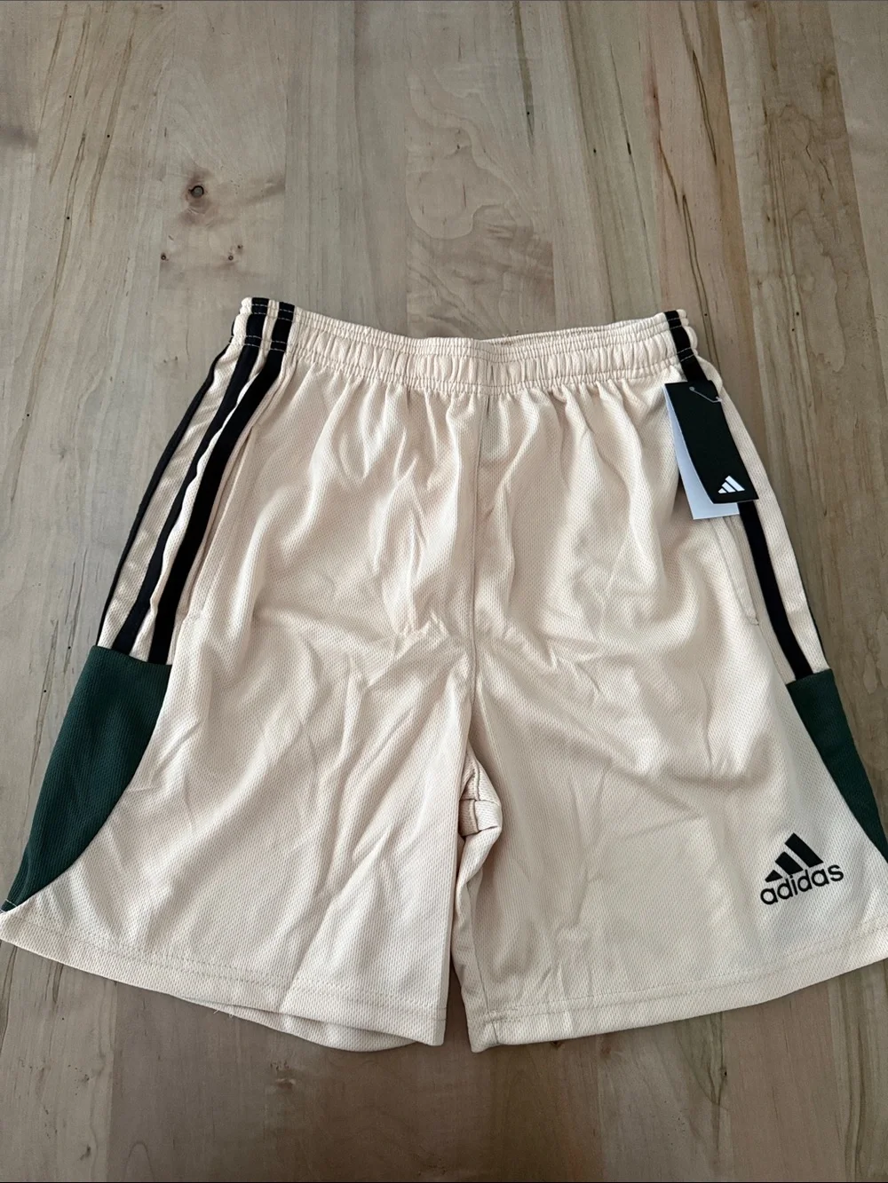 adidas Men’s Cream Athletic Shorts with Black Stripes and Green Panels